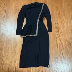 Vintage Black and Gold Geometric Trim 70s Midi Dress